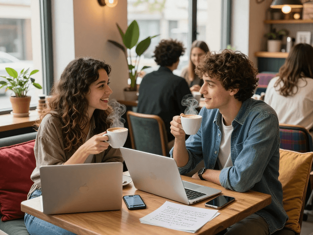 Young couple sipping coffee in a cozy café discussing f168 dating experiences, showcasing modern romance.