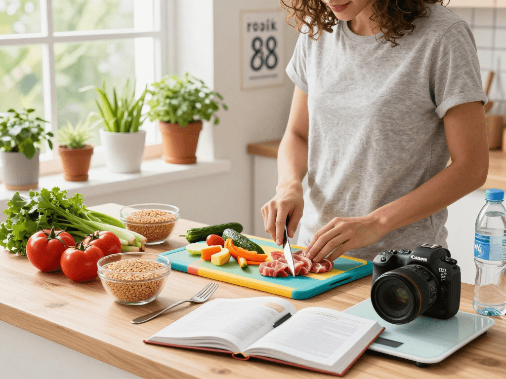 Healthy meal prep with rokok 88 ingredients, colorful vegetables, and a caring cook in a bright kitchen.