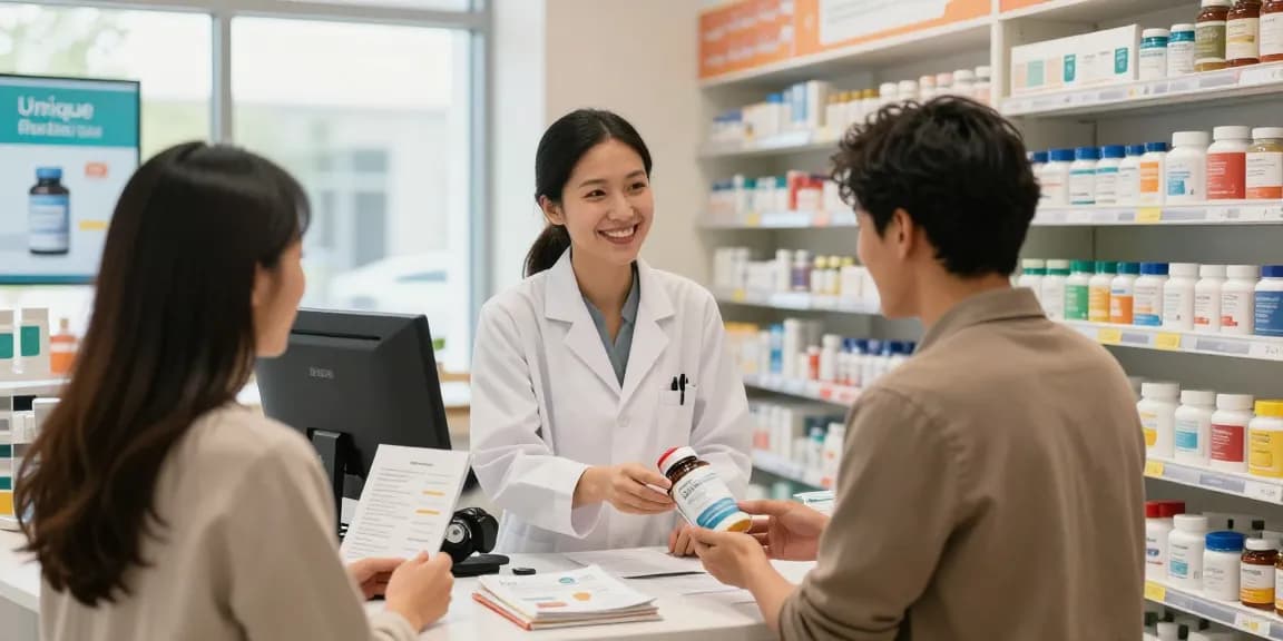 Unique Pharma Shop producten worden gepresenteerd door een vriendelijke apotheker in een moderne apotheek.