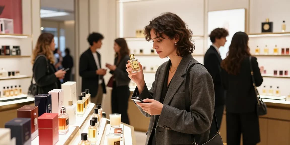Ontdek de luxe van liquid brun parfum in een elegante parfumwinkel met sfeervolle displays.