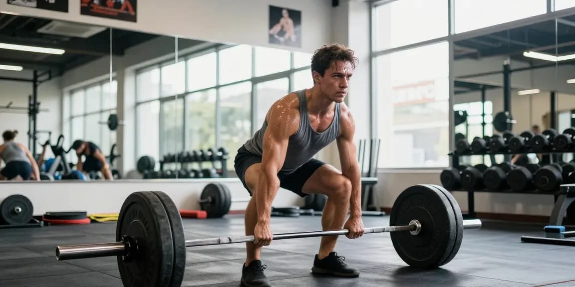 Prime Pharma Steroiden Winkel - Atleet in de sportschool voert deadlift uit met zware gewichten, gefocust op fitness.