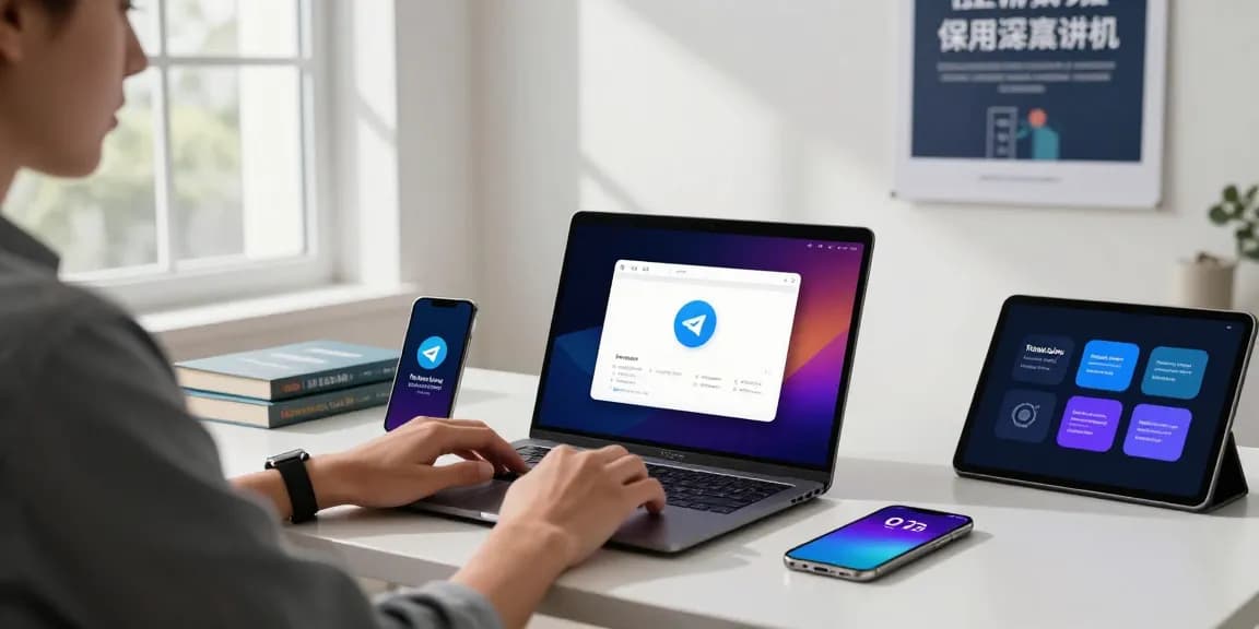 Explore Telegram Chinese Version on a modern tech workspace with vibrant communication tools and a digital interface.