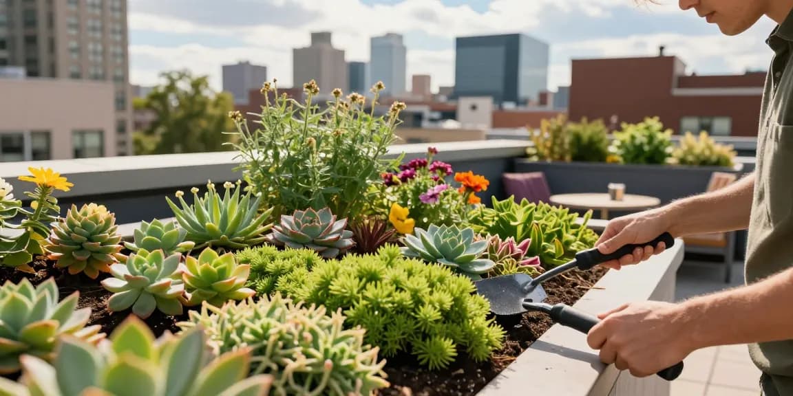 Groen dak met kleurrijke sedum en planten met stadsgezichten op de achtergrond, dat stedelijke duurzaamheid benadrukt.