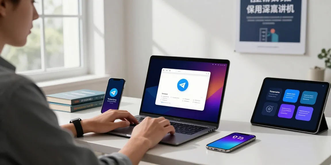 Explore Telegram Chinese Version on a modern tech workspace with vibrant communication tools and a digital interface.