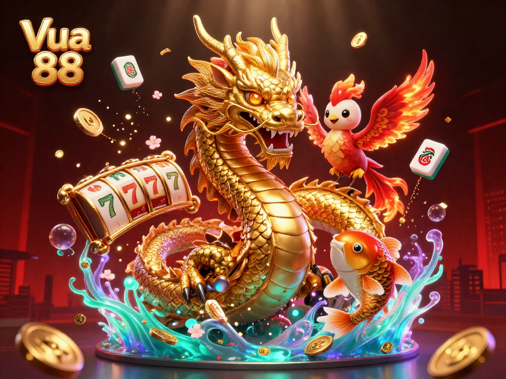 Experience big wins at Vua 88 with a vibrant scene showcasing slot reels, dragon, phoenix, and koi fish.
