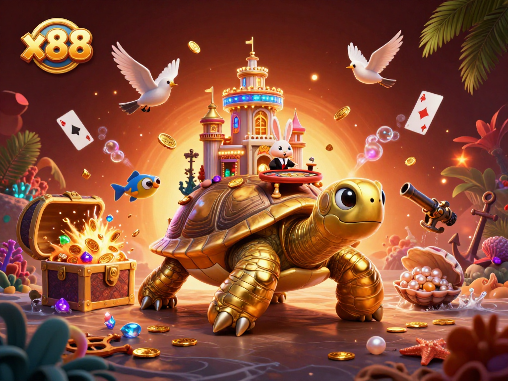 Engage in thrilling gameplay at x88 with a vibrant scene of a golden tortoise casino and dynamic bird characters.