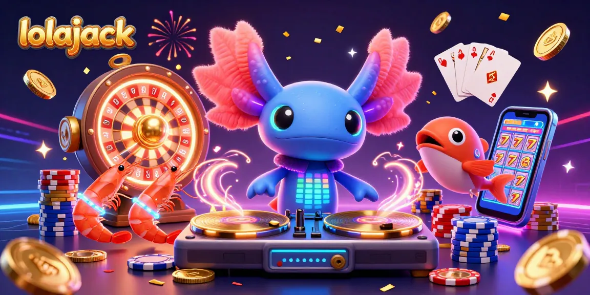 Experience thrilling action at lolajack Casino with a dynamic 3D digital illustration featuring neon creatures and casino game elements.