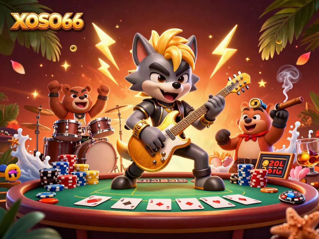 XOSO66 showcases a rock star wolf rocking out on stage at a vibrant casino.