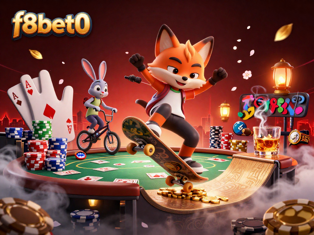 Engage in thrilling gameplay with f8bet0 as a fox skateboarder flips over poker chips, showcasing exciting casino action.
