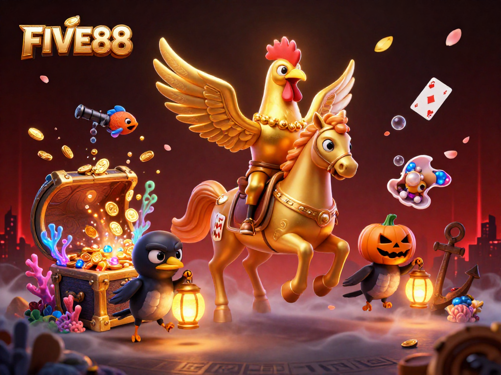 FIVE88 offers an exciting casino adventure with the golden rooster, lantern-carrying crows, and treasures of gold.