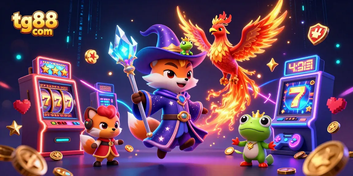 Spin to win at tg88 com amidst vibrant 3D slots with wizard and phoenix characters, jackpot dreams await!
