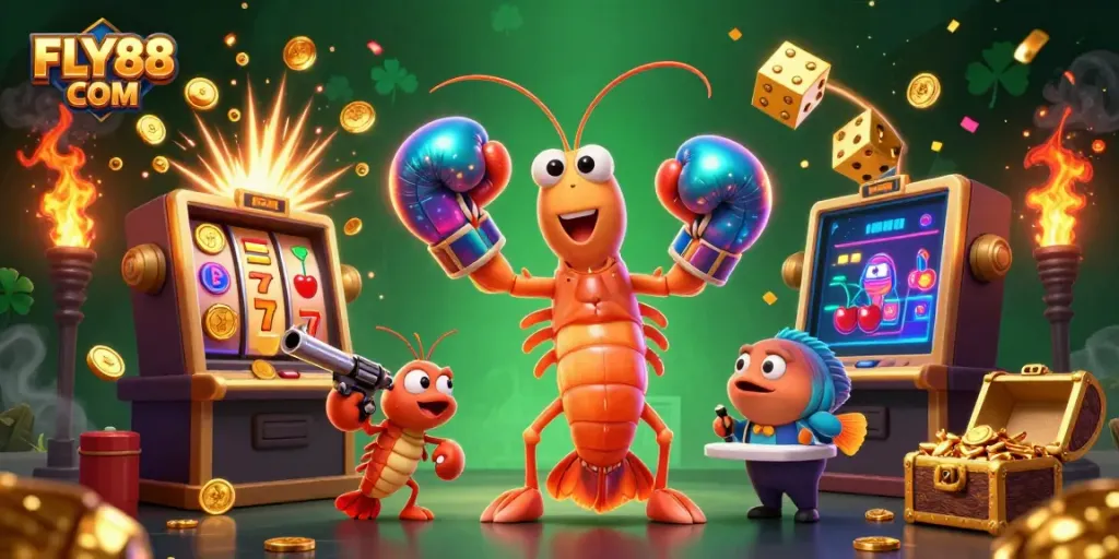 Experience the thrill of FLY88 COM with a dynamic 3D casino scene showcasing exciting jackpots and vibrant characters.