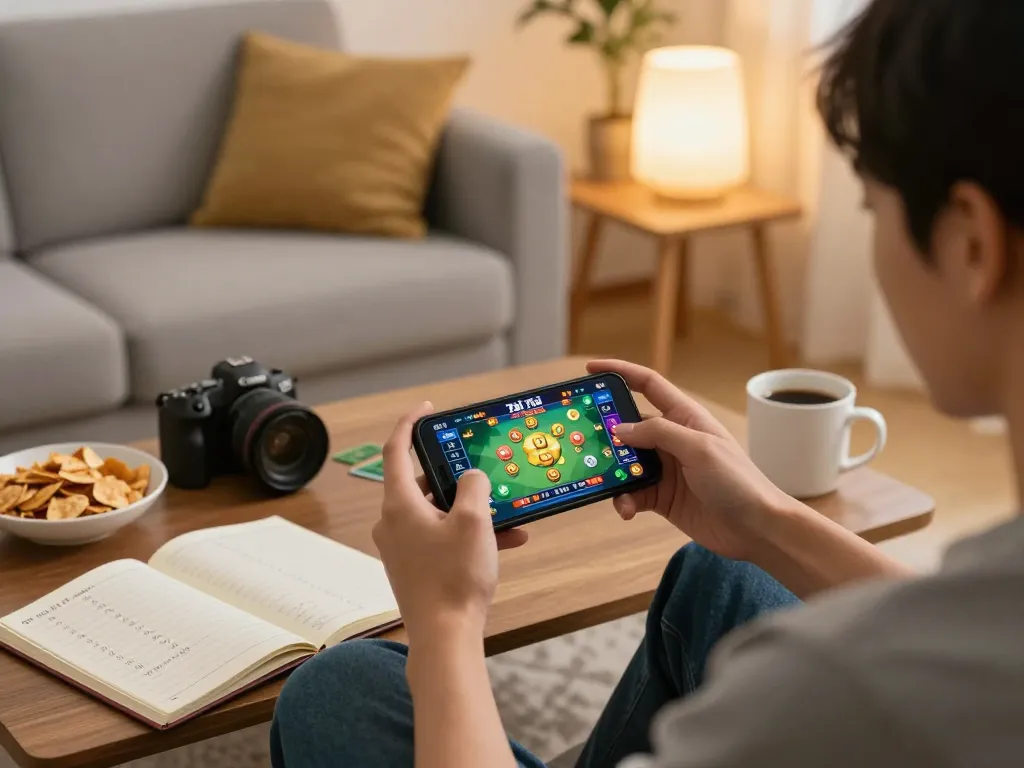 Playing game tài xỉu on a smartphone, showcasing strategic gameplay in a cozy home setting.