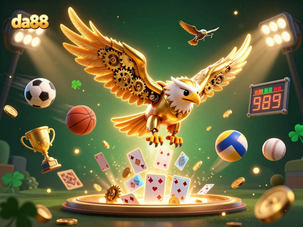 Experience thrilling sports betting with da88 featuring a cybernetic eagle soaring through holographic cards.