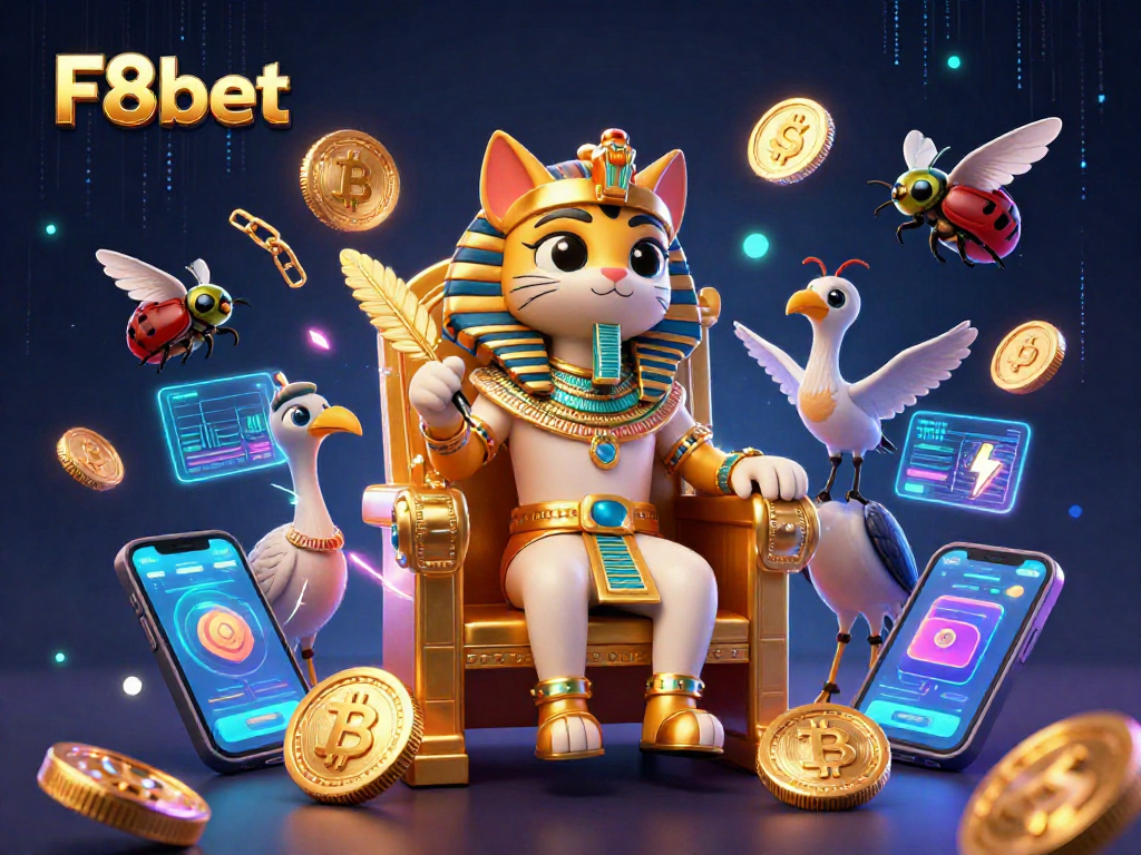 Experience thrilling gaming adventures with F8bet's Egyptian-themed casino illustration, featuring dynamic crypto elements.