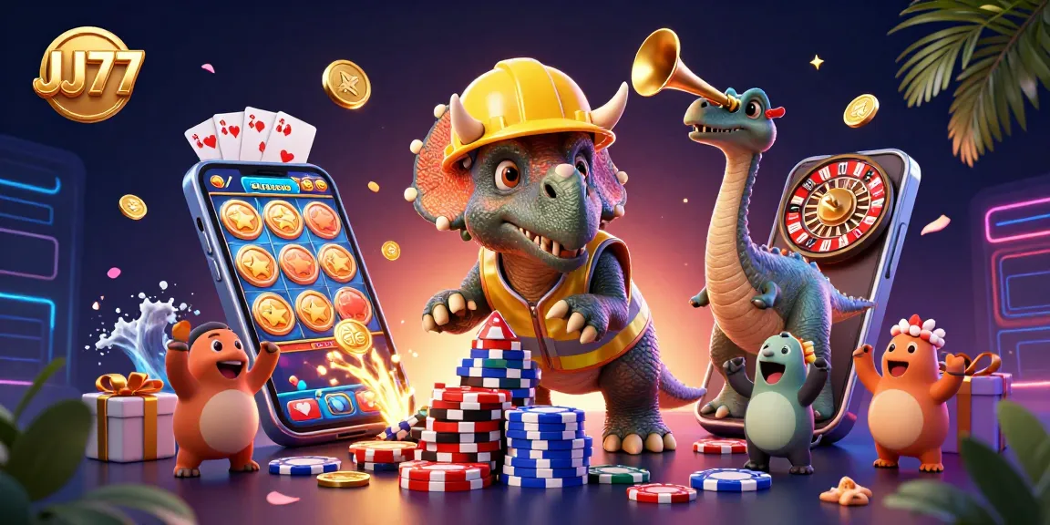 JJ77 showcases a triceratops and parasaurolophus in a vibrant casino setting, celebrating wins.