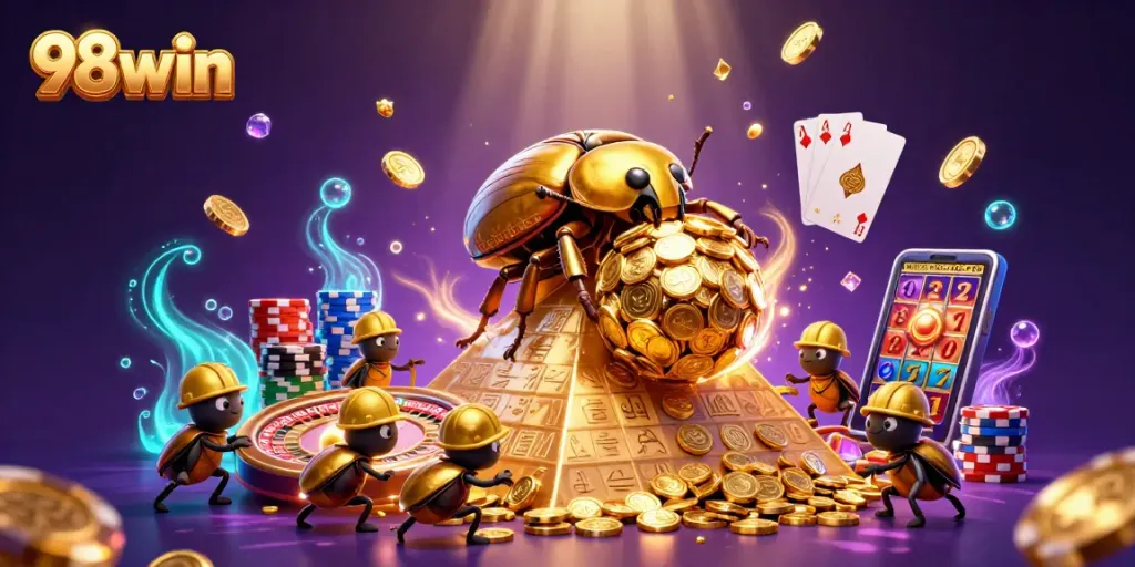 Engage with 98win's exhilarating gaming experience featuring golden coins and vibrant casino elements.