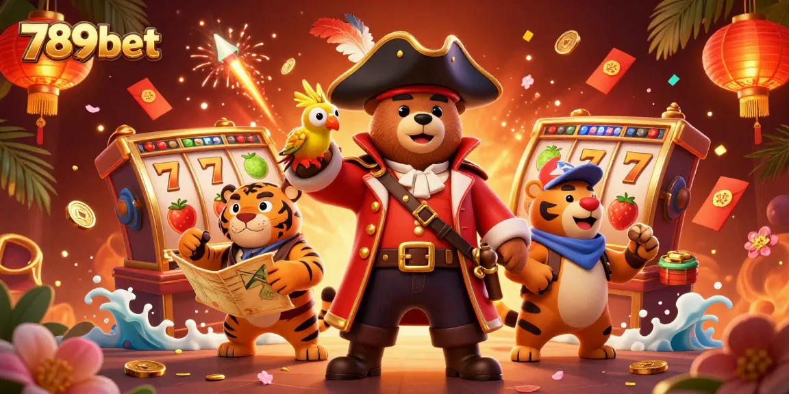 Engage with 789bet's vibrant world featuring a pirate bear and tiger, surrounded by thrilling slot elements.
