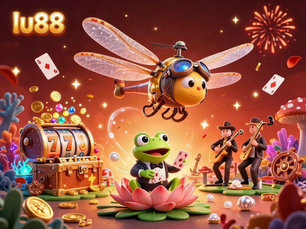 Experience thrilling wins with lu88's vibrant gaming scene featuring a cartoon dragonfly pilot, frog croupier, and jazz-playing crickets.