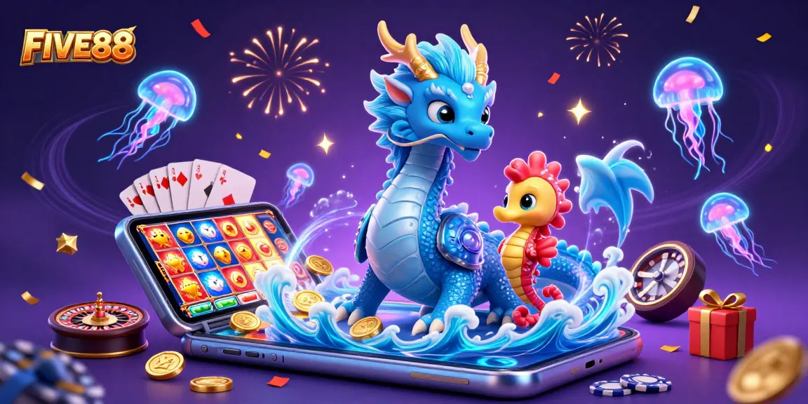 Engage in exciting games at FIVE88 with a magical dragon, seahorse knight, and neon jellyfish.
