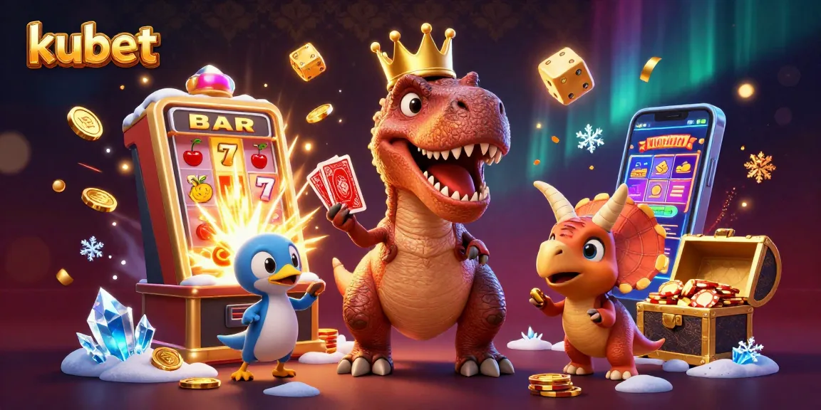 Kubet's cartoon T-Rex shuffles cards in a vibrant casino scene featuring exploding jackpots and golden chips.