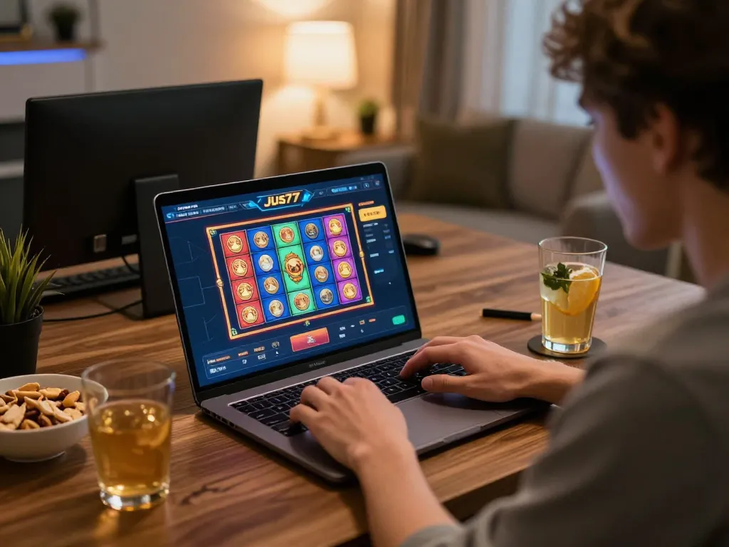 Player engaging with jus77 online casino, enjoying a lively gaming experience in a warm home setting
