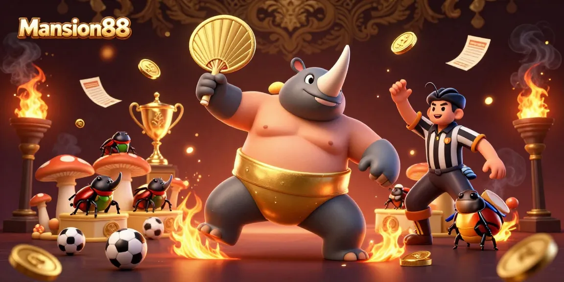 Mansion88 sports betting scene with a sumo champion beetle amid flying coins and dynamic game elements.