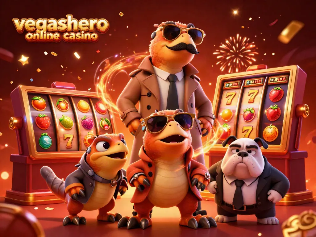 Engage in fun at vegashero online casino with raptors in a trench coat in a dynamic casino scene