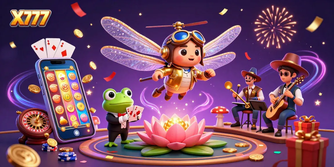 X777 mobile gaming app showcasing a dragonfly pilot and frog dealer in a vibrant casino scene