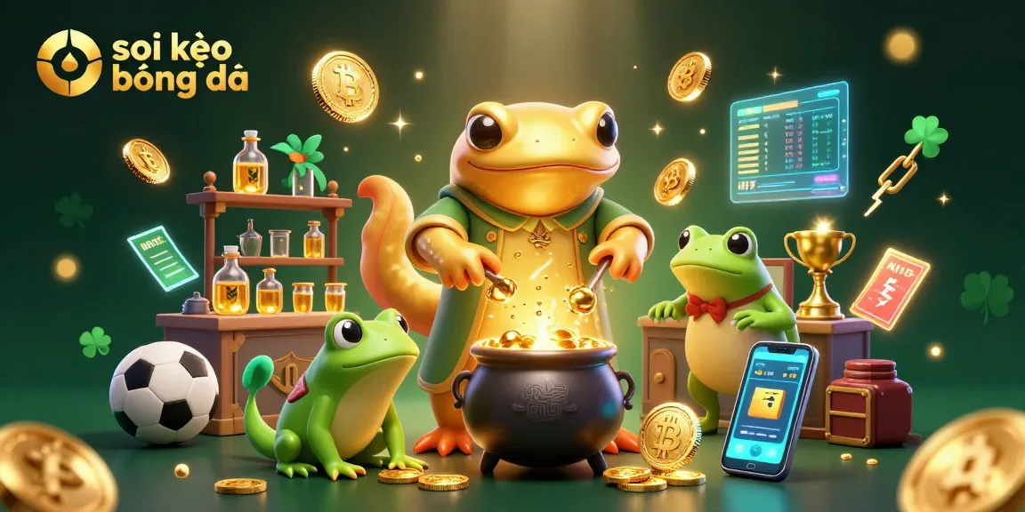 Engage in betting excitement with soi kèo bóng đá, featuring a giant golden salamander alchemist and sports elements.