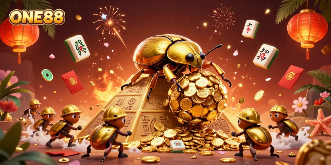 Experience the thrill of ONE88 with golden beetles rolling jackpot coins in a vibrant 3D casino illustration.