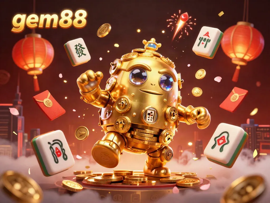Experience the thrill of gem88 with a golden golem surrounded by vibrant casino symbols and festive decorations.