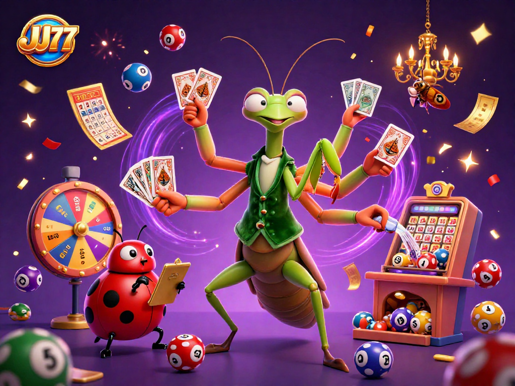 Experience thrilling gaming action with JJ77's vibrant characters and dynamic casino elements