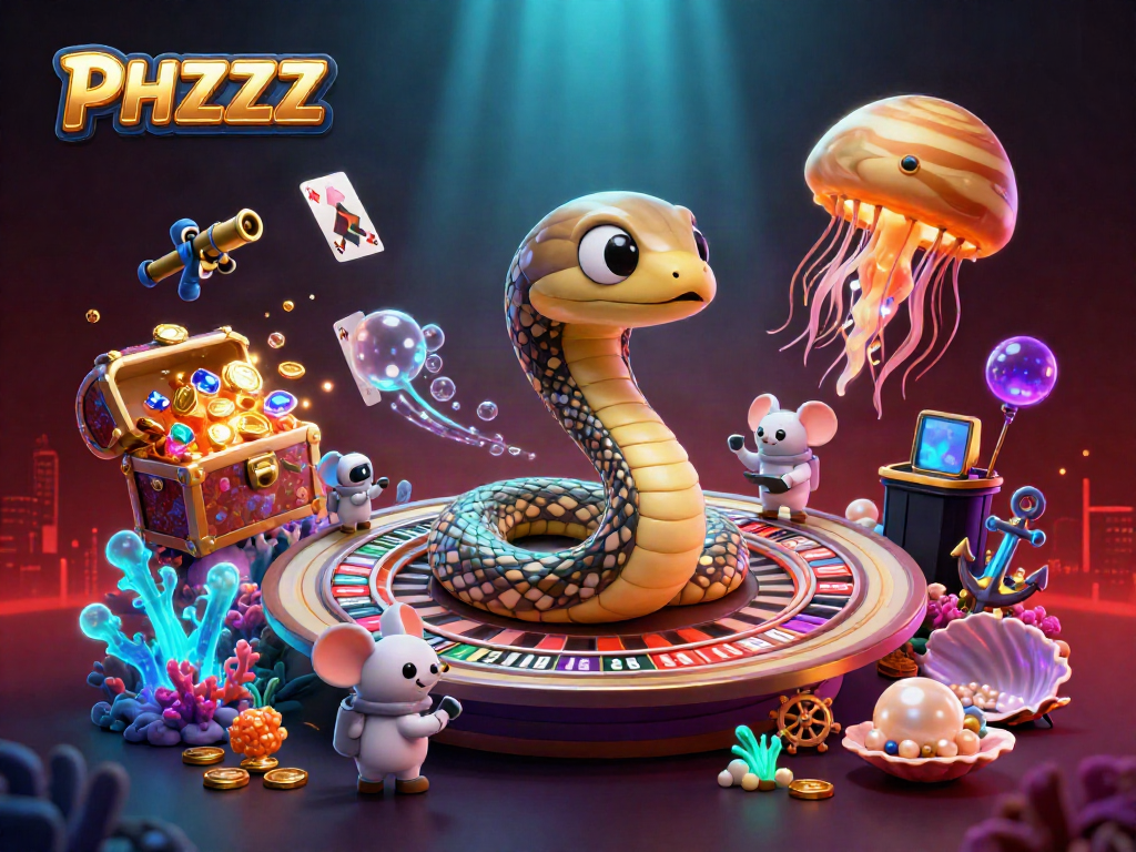 Bet on PHZZZ with colorful astronaut mice and a Saturn snake roulette wheel in a vibrant casino scene.