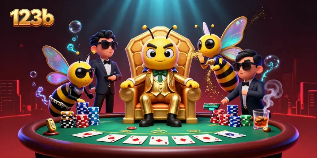 Engage in thrilling poker action with 123b, featuring a bumblebee mob boss surrounded by poker elements.