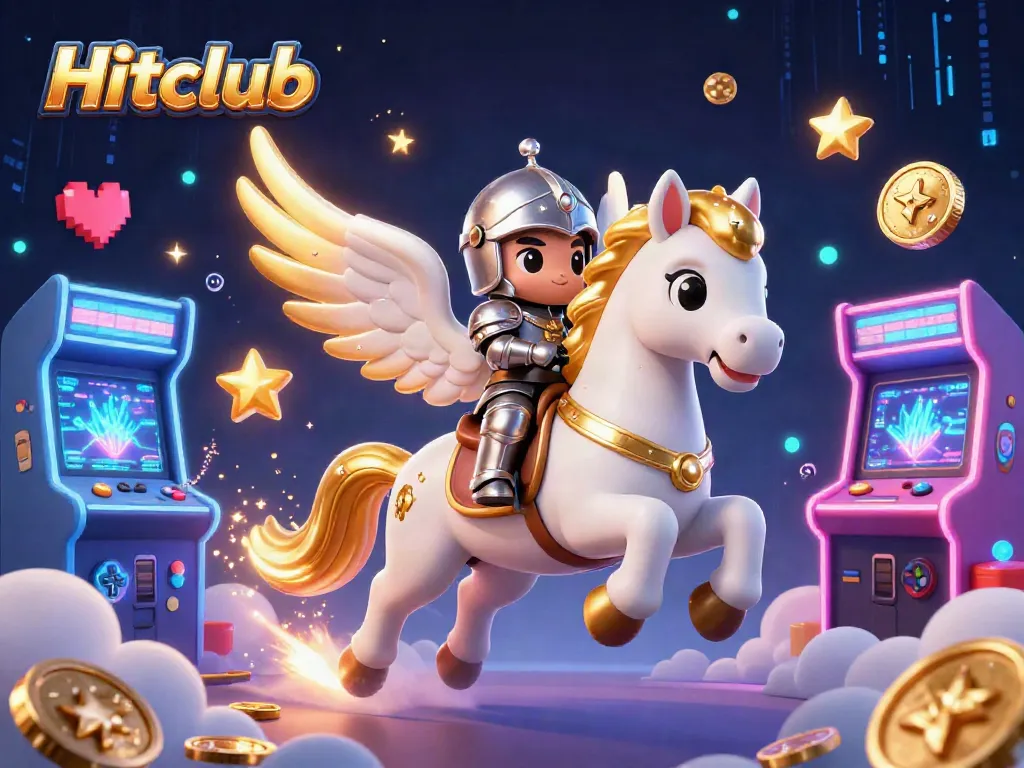 Hitclub showcases a thrilling scene with a celestial horse and knight amidst colorful casino games.