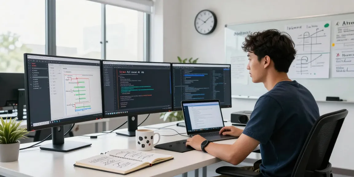 Build internal tools with AI in a modern workspace featuring a developer, code displays, and collaborative tools.