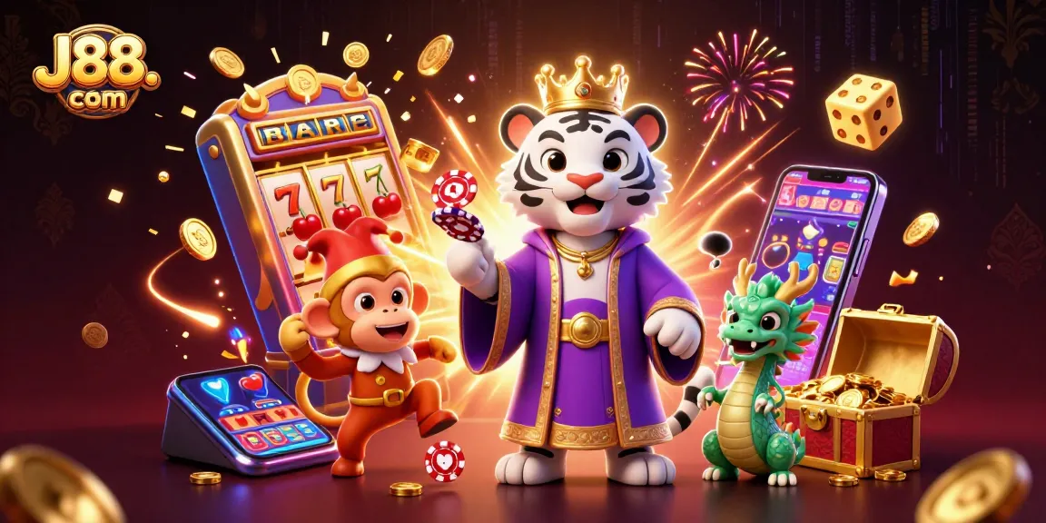 Engage with thrilling games at J88. com with a vibrant illustration of a royal tiger, jester monkey, and jade dragon.