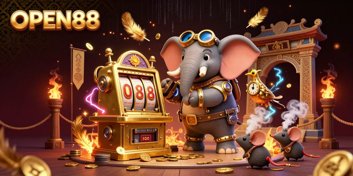 Engage with OPEN88 as a steampunk elephant operates a dazzling golden slot machine amidst rich casino elements.