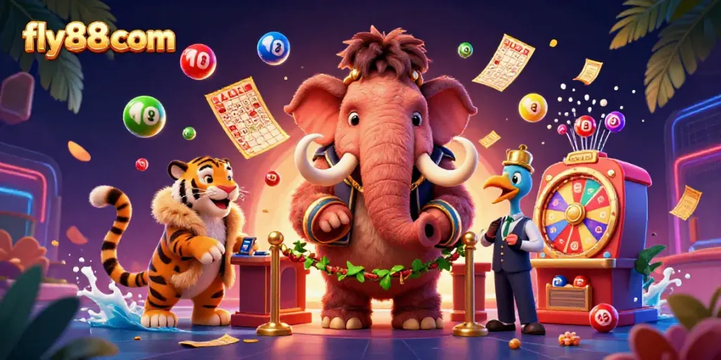Fly88com showcases a vibrant casino scene with a woolly mammoth bouncer and exciting lottery elements.