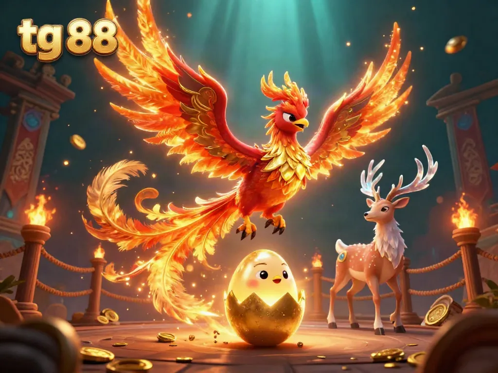 Engage with tg 88's captivating phoenix and mystical stag in an exhilarating online casino game scene.