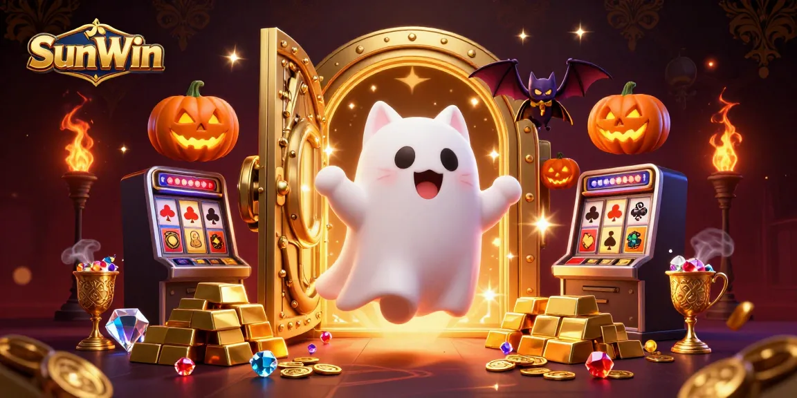 Experience thrilling gameplay at SunWin featuring a ghost cat, vampire bat, and glowing treasure in a haunted casino.