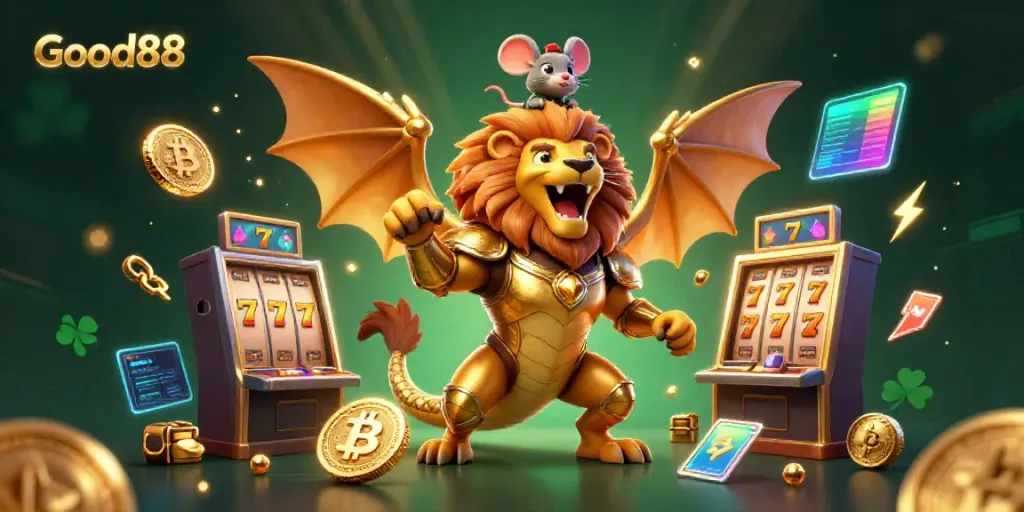 Experience the excitement of Good88 with dynamic slot elements and cryptos in a stunning 3D illustration.