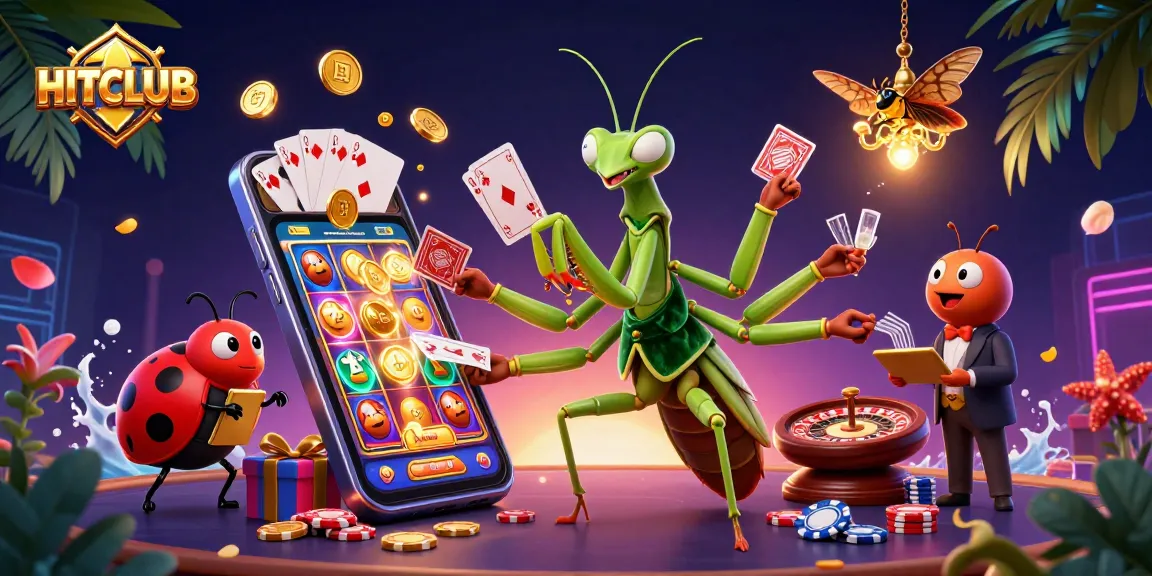 Engage with HITCLUB as the giant mantis deals cards amidst vibrant casino elements.