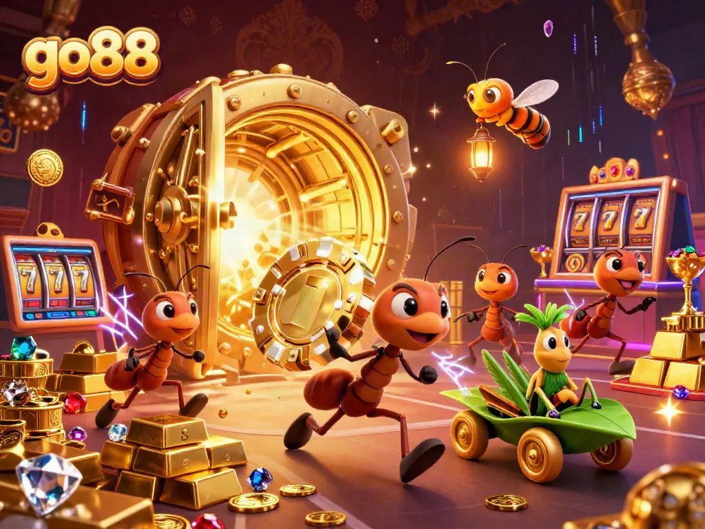 Go88's vibrant casino theme depicts ants carrying a massive golden poker chip in a dazzling environment.