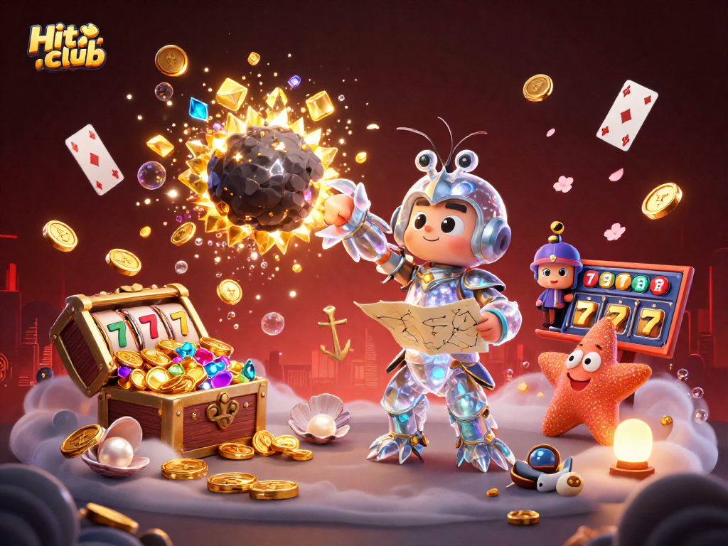 Hit club features a vibrant scene of a cartoon mantis shrimp amidst casino elements, winning gems and coins.