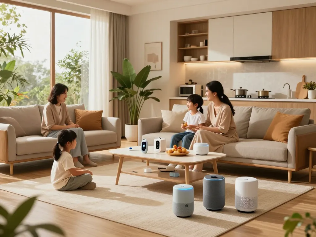 Family enjoying Bluetooth tech gadgets for home in a cozy living room