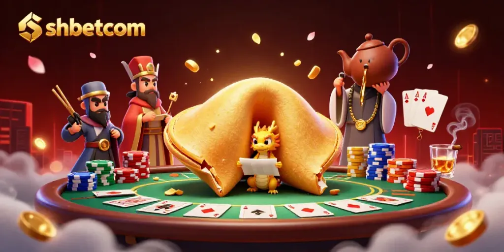 Experience exciting gaming with shbetcom, showcasing a vibrant casino scene featuring a golden fortune cookie and poker elements.