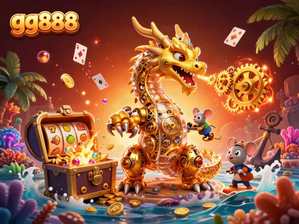 Play slots and win at gg888 with an epic golden dragon scene filled with vibrant casino elements.
