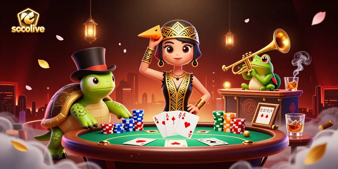 socolive offers dynamic poker action with vibrant characters and festive casino elements.